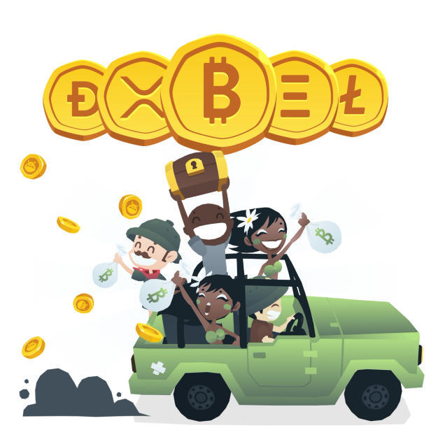 BitKong explorers riding a car, holding money bags with the Bitcoin logo and a chest. On top of them, huge crypto coins (bitcoin, XRP, litecoin); and behind them small coins falling.