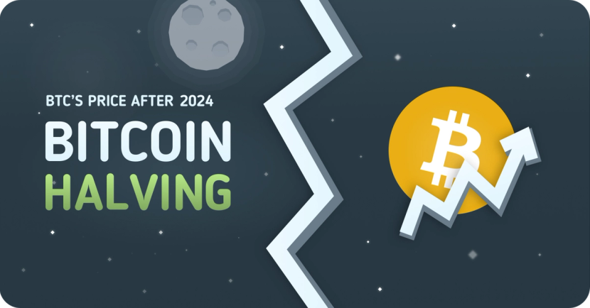 The screen is split in two by a crack in the middle. To the right, there's a bitcoin with an ascending arrow, and to the left the text "BTC's price after 2024. Bitcoin halving".