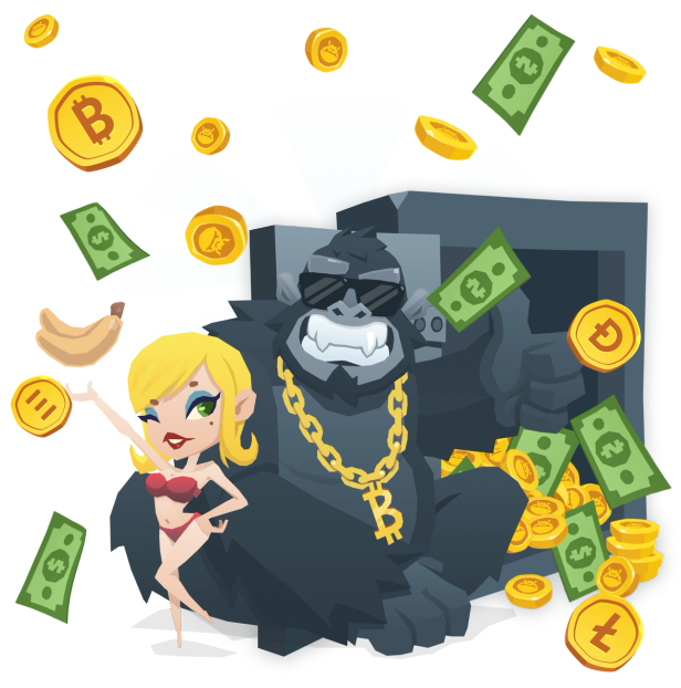 BitKong with sunglasses and a bitcoin chain giving a thumbs up. To his left, a girl in a red bikini. To his right, an open safe with bills and coins coming out. It's raining bills and coins as well.